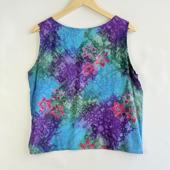 La Luna Loca Womens Large Jewel Tone Floral Batik Rayon Sleeveless Shirt Top - Picture 4 of 5